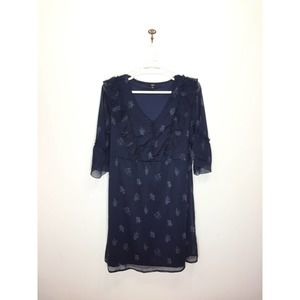 Ellos blue branch print button front sheer sleeve dress tie waist womens plus 20